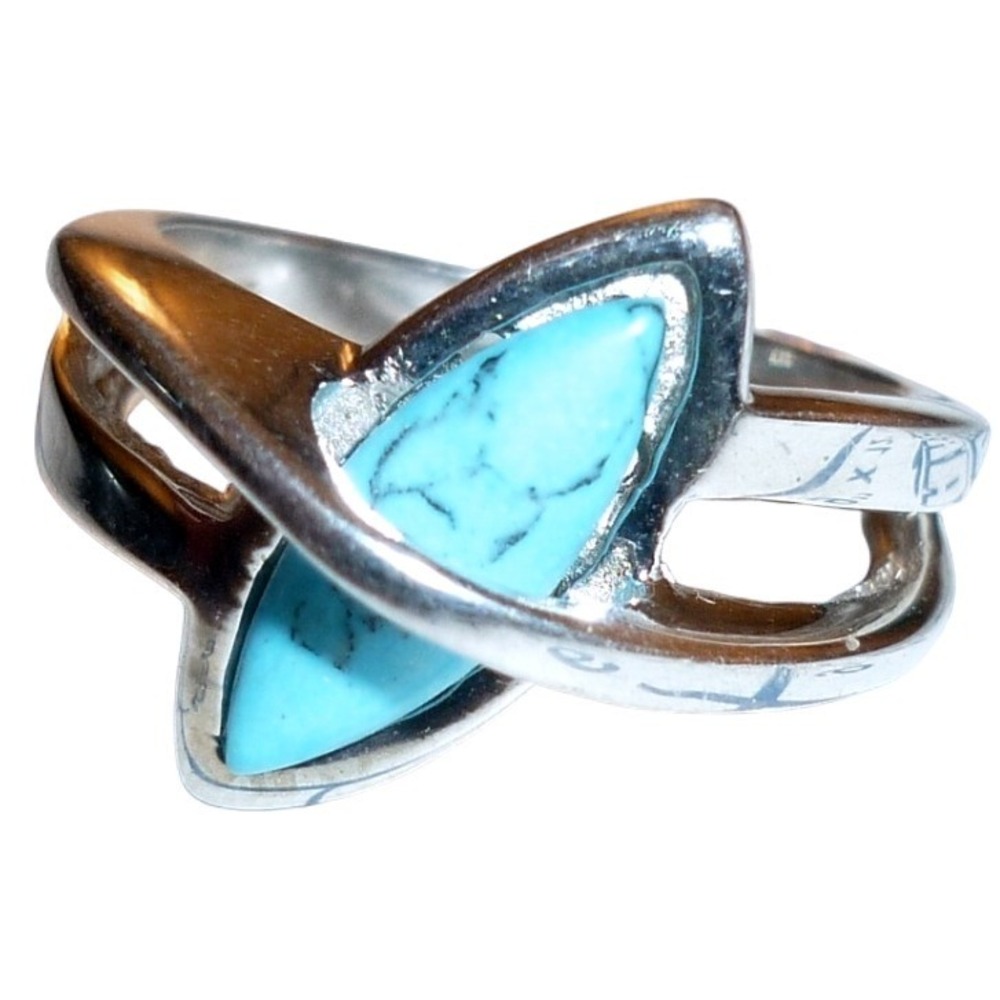 925 Sterling Silver Turquoise Marquise Bypass Ring Size 7.5 Modernist Band